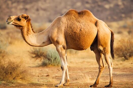 A desert camel standing in a green natural background, showcasing its hump and sandy-colored coat — highlighting camel adaptations for desert survival.
